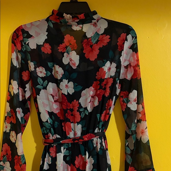 Calvin Klein Floral Long Sleeve Dress - Black and Red - Picture 6 of 8